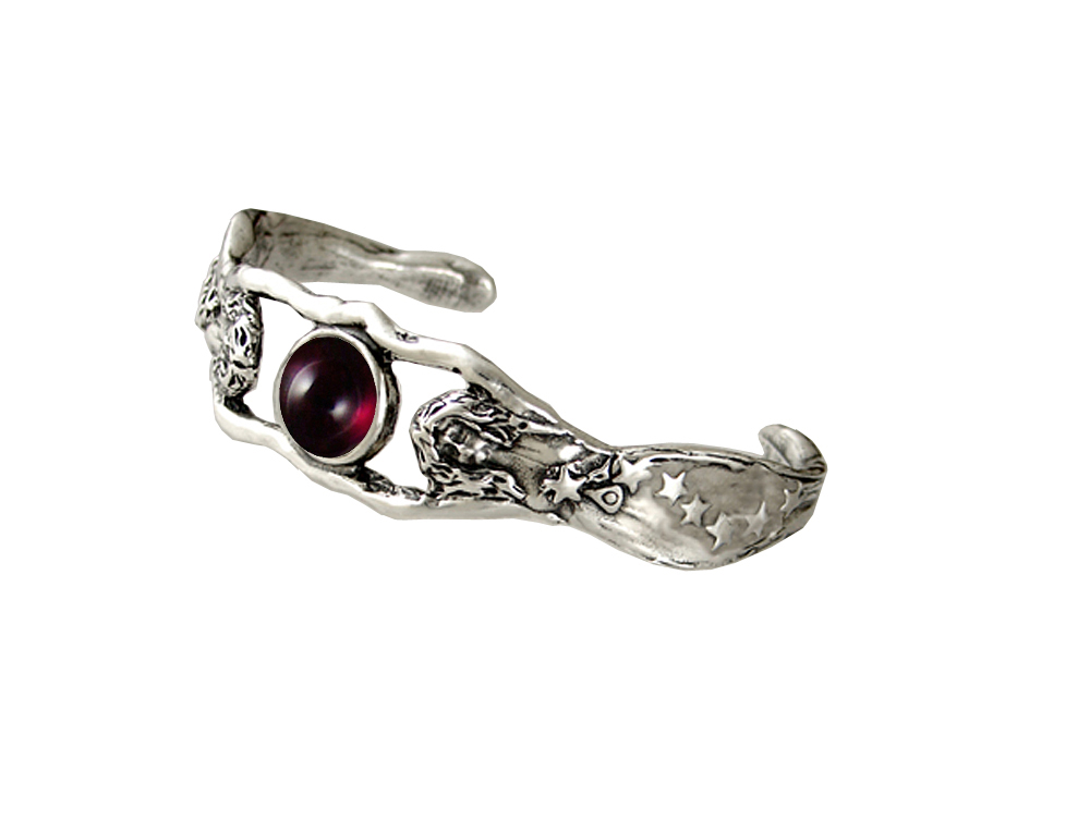 Sterling Silver Fairy Woman Maidens Handmade Cuff Bracelet With Garnet